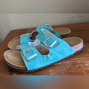 Seranoma W Sz.9 Blue Open Toe Double Buckle Suede Cork Flat Sandal Beach Vacay